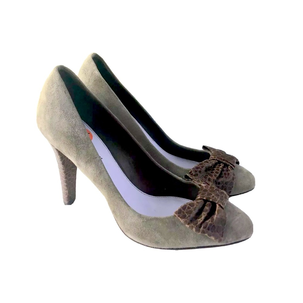 Delman Bow Heeled Shoes Suede Leather Taupe Brown Sz 9.5
